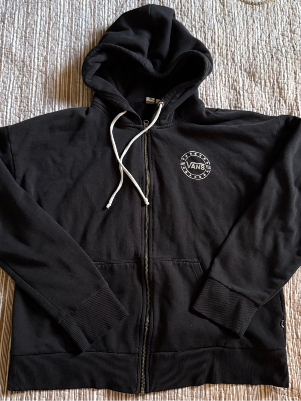 Vans Black Zip-Up Hoodie Jacket with White Logo and Drawstrings